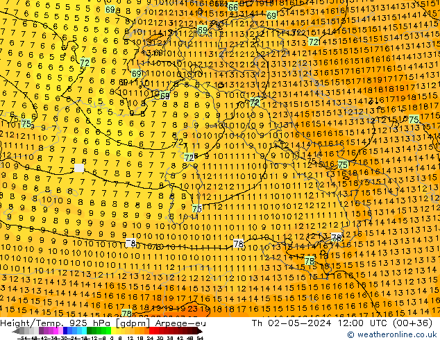 Géop./Temp. 925 hPa Arpege-eu jeu 02.05.2024 12 UTC