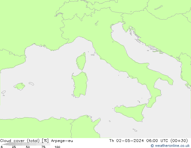 Cloud cover (total) Arpege-eu Čt 02.05.2024 06 UTC