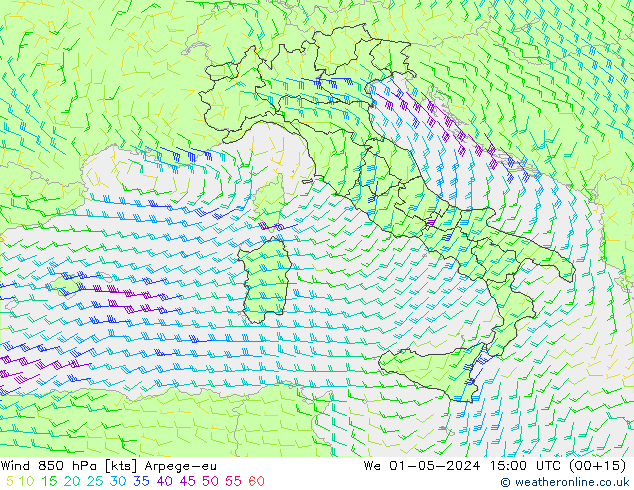 Wind 850 hPa Arpege-eu We 01.05.2024 15 UTC