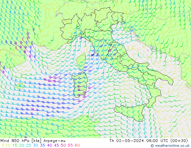 Wind 850 hPa Arpege-eu Čt 02.05.2024 06 UTC