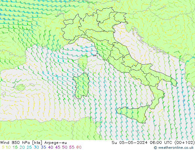 Wind 850 hPa Arpege-eu Su 05.05.2024 06 UTC