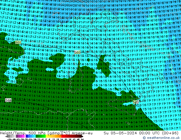 Height/Temp. 500 hPa Arpege-eu nie. 05.05.2024 00 UTC