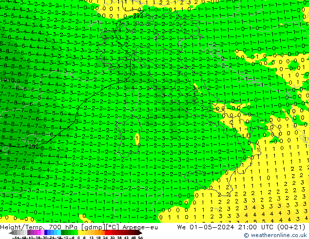 Height/Temp. 700 hPa Arpege-eu We 01.05.2024 21 UTC