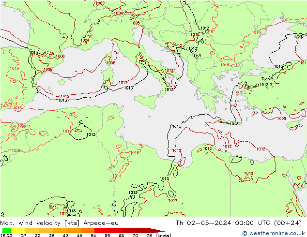 Max. wind velocity Arpege-eu Th 02.05.2024 00 UTC