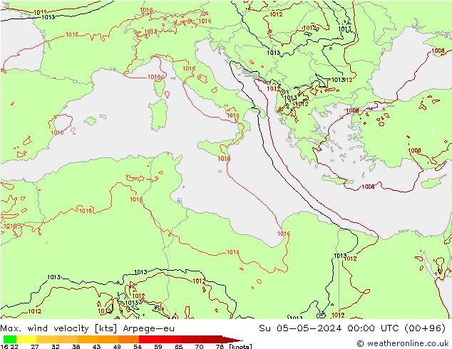 Max. wind snelheid Arpege-eu zo 05.05.2024 00 UTC