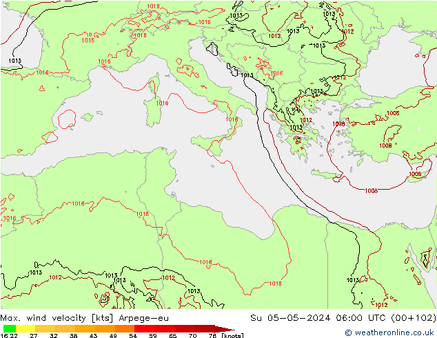 Max. wind velocity Arpege-eu Вс 05.05.2024 06 UTC