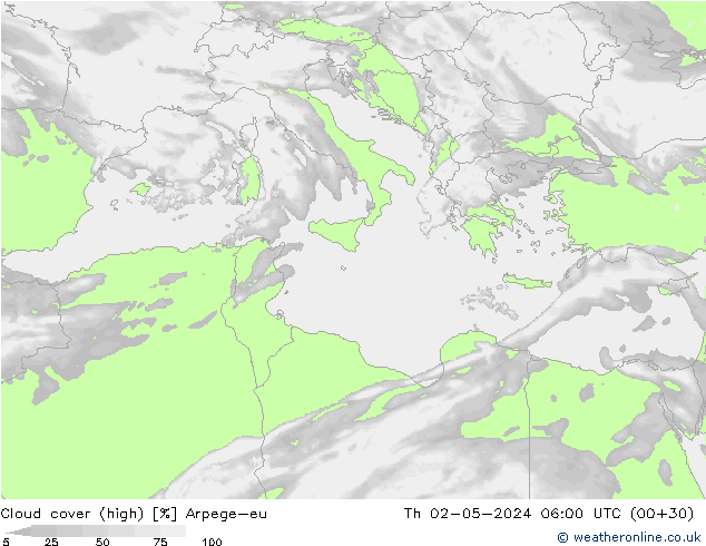 Cloud cover (high) Arpege-eu Th 02.05.2024 06 UTC