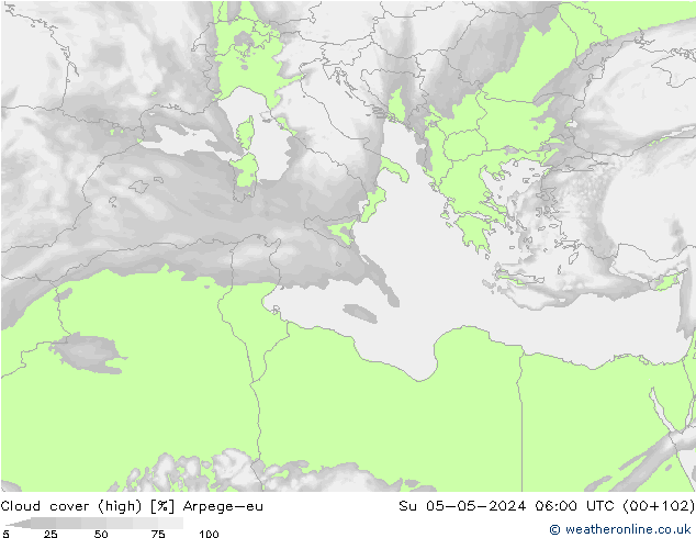 Cloud cover (high) Arpege-eu Su 05.05.2024 06 UTC