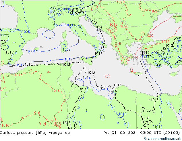 Pressione al suolo Arpege-eu mer 01.05.2024 09 UTC