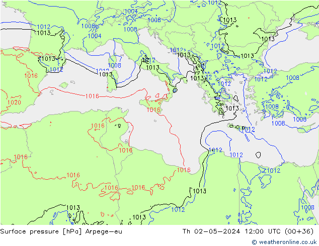 Pressione al suolo Arpege-eu gio 02.05.2024 12 UTC