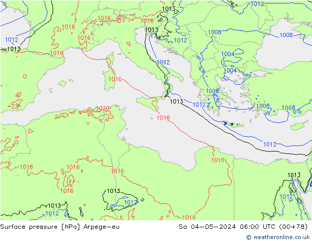 Pressione al suolo Arpege-eu sab 04.05.2024 06 UTC