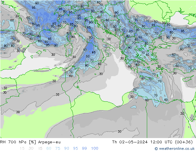 RH 700 гПа Arpege-eu чт 02.05.2024 12 UTC