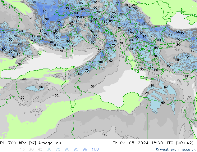 Humidité rel. 700 hPa Arpege-eu jeu 02.05.2024 18 UTC