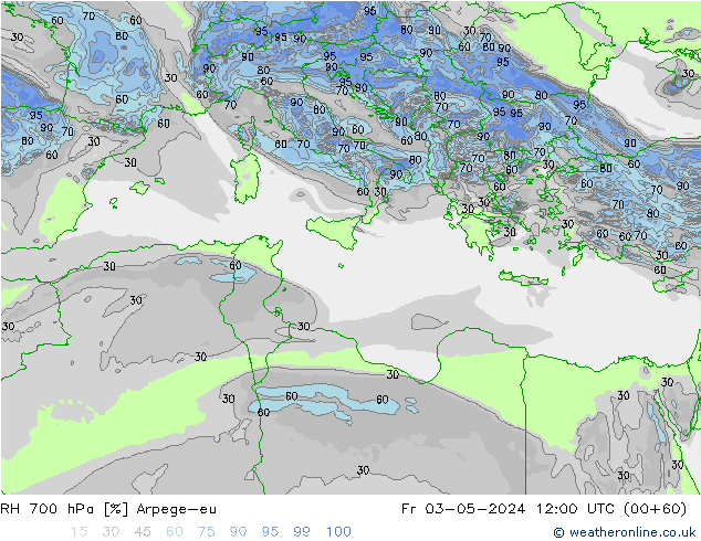 RH 700 hPa Arpege-eu Pá 03.05.2024 12 UTC