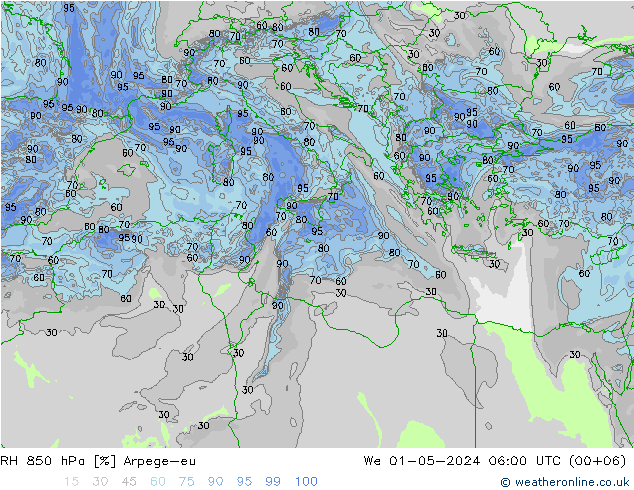 RH 850 hPa Arpege-eu Qua 01.05.2024 06 UTC