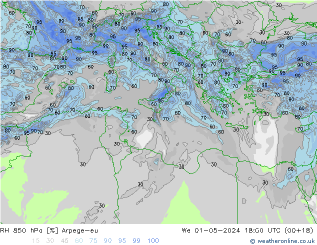 RH 850 hPa Arpege-eu We 01.05.2024 18 UTC