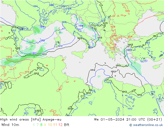 High wind areas Arpege-eu ср 01.05.2024 21 UTC