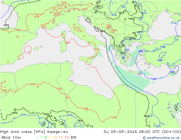 High wind areas Arpege-eu Su 05.05.2024 06 UTC