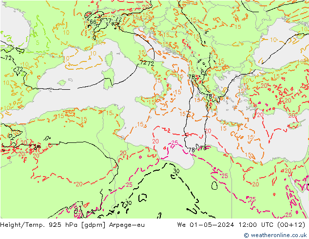 Height/Temp. 925 hPa Arpege-eu Qua 01.05.2024 12 UTC