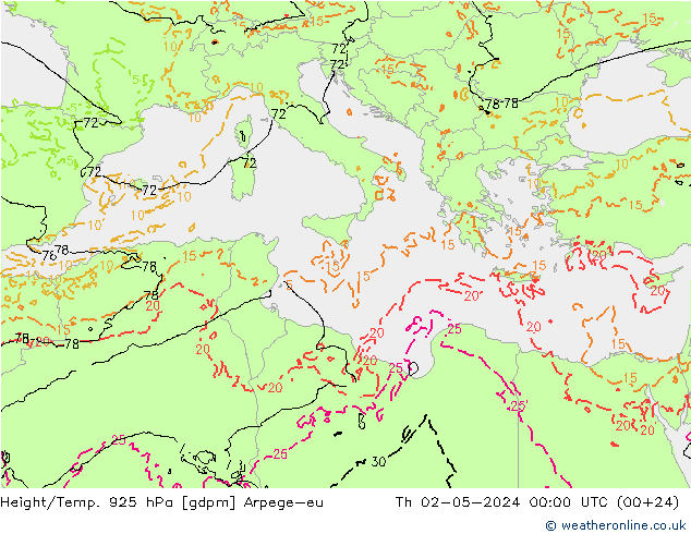 Height/Temp. 925 hPa Arpege-eu gio 02.05.2024 00 UTC