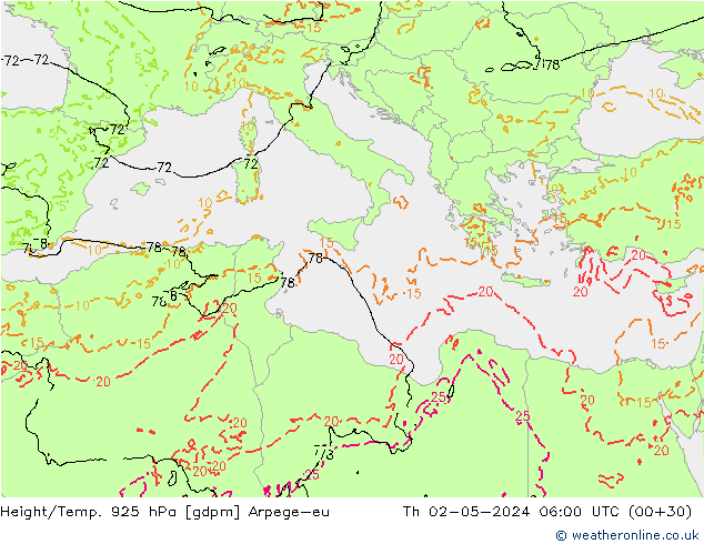 Height/Temp. 925 hPa Arpege-eu Th 02.05.2024 06 UTC