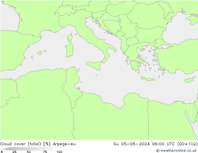 Cloud cover (total) Arpege-eu Su 05.05.2024 06 UTC