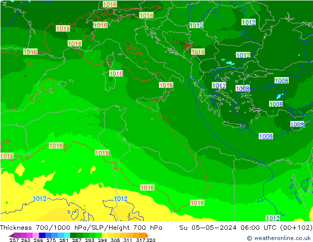 Schichtdicke 700-1000 hPa Arpege-eu So 05.05.2024 06 UTC