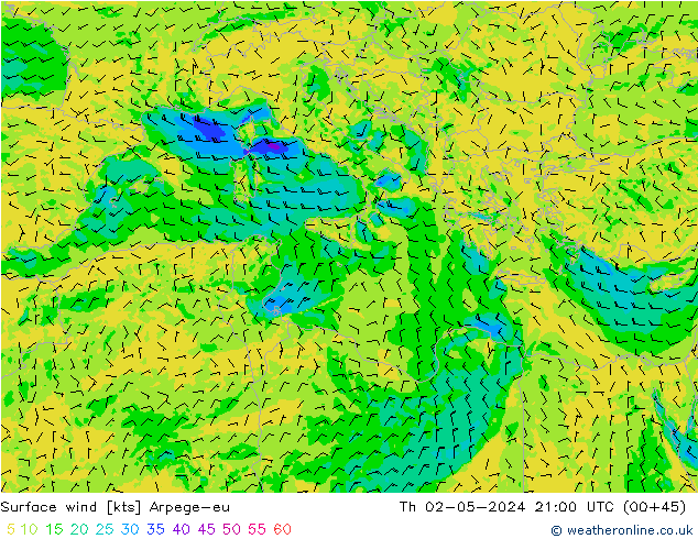 Surface wind Arpege-eu Th 02.05.2024 21 UTC