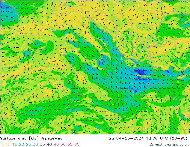 Vento 10 m Arpege-eu Sáb 04.05.2024 18 UTC