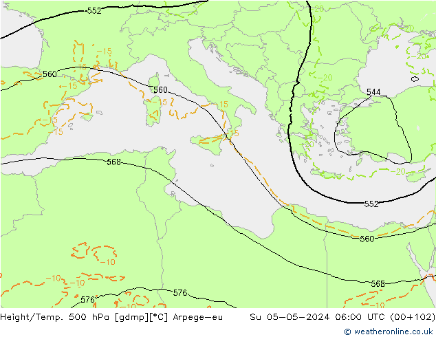 Hoogte/Temp. 500 hPa Arpege-eu zo 05.05.2024 06 UTC