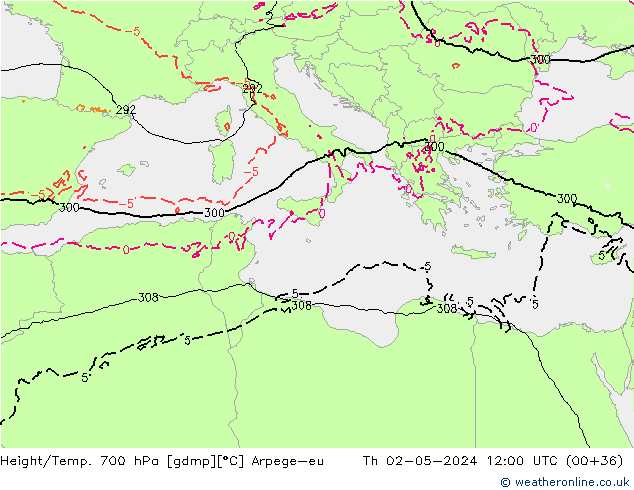 Geop./Temp. 700 hPa Arpege-eu jue 02.05.2024 12 UTC