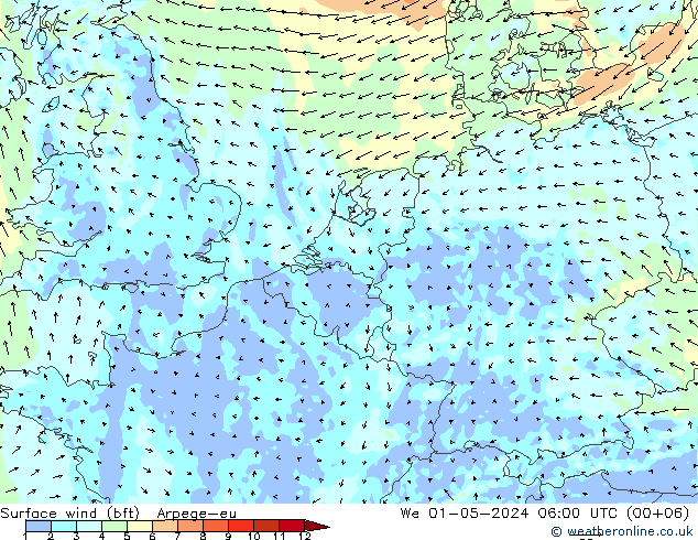 Surface wind (bft) Arpege-eu We 01.05.2024 06 UTC