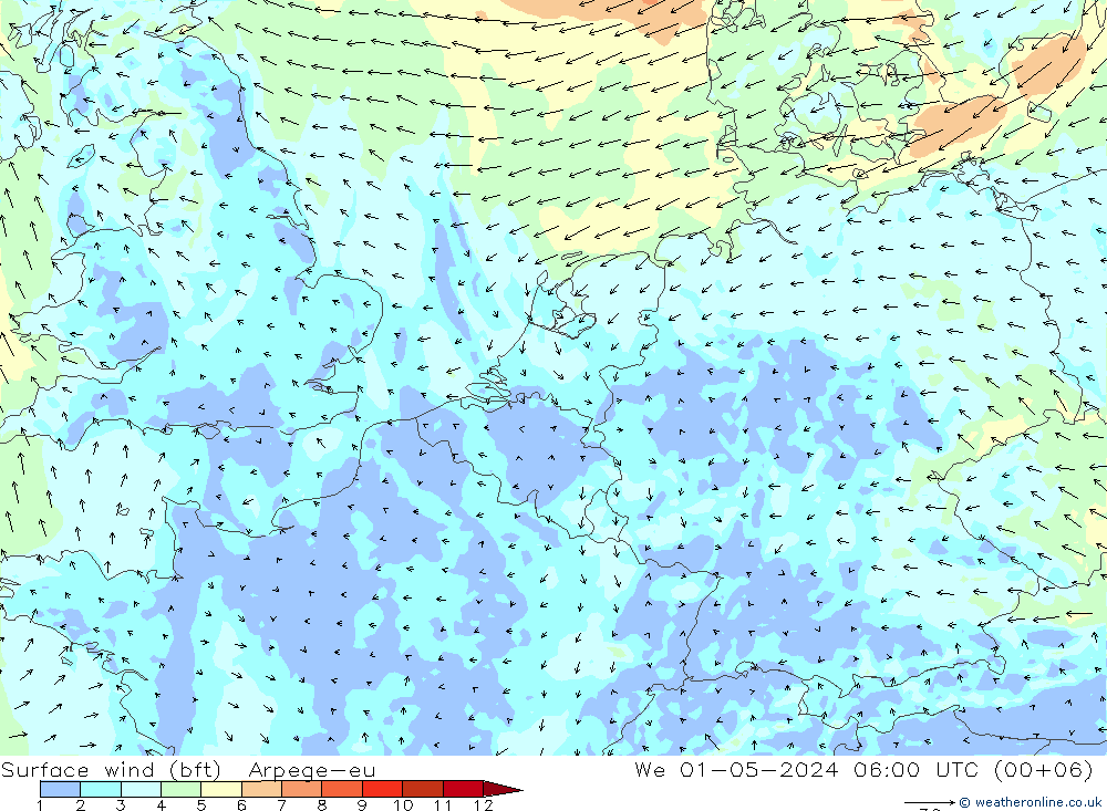 wiatr 10 m (bft) Arpege-eu śro. 01.05.2024 06 UTC
