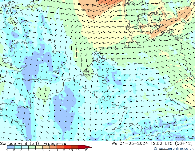 Surface wind (bft) Arpege-eu We 01.05.2024 12 UTC