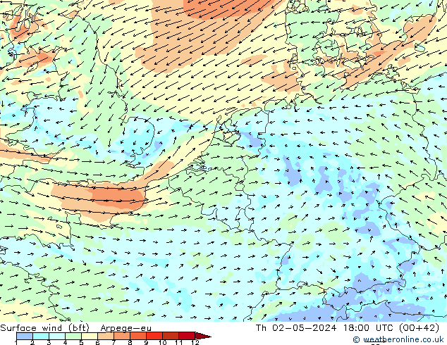 Vento 10 m (bft) Arpege-eu Qui 02.05.2024 18 UTC