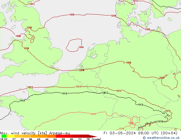 Max. wind velocity Arpege-eu Pá 03.05.2024 06 UTC