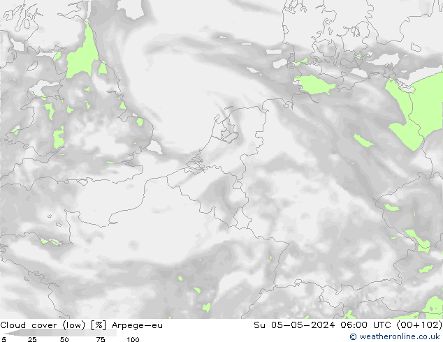 Cloud cover (low) Arpege-eu Su 05.05.2024 06 UTC