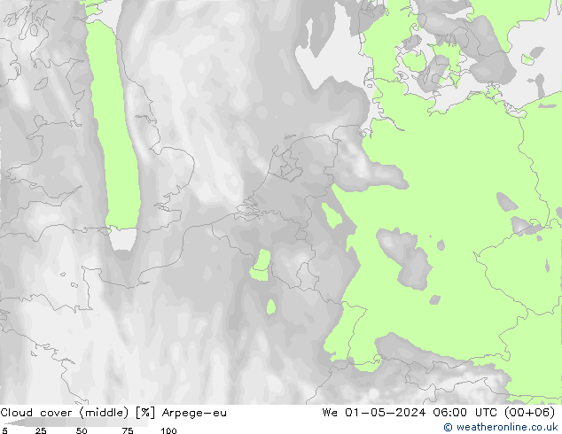 Cloud cover (middle) Arpege-eu We 01.05.2024 06 UTC