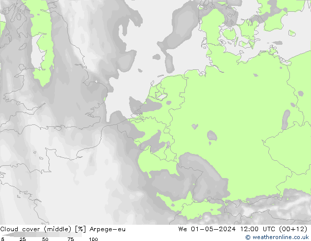 Cloud cover (middle) Arpege-eu We 01.05.2024 12 UTC