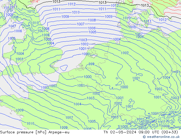 Surface pressure Arpege-eu Th 02.05.2024 09 UTC