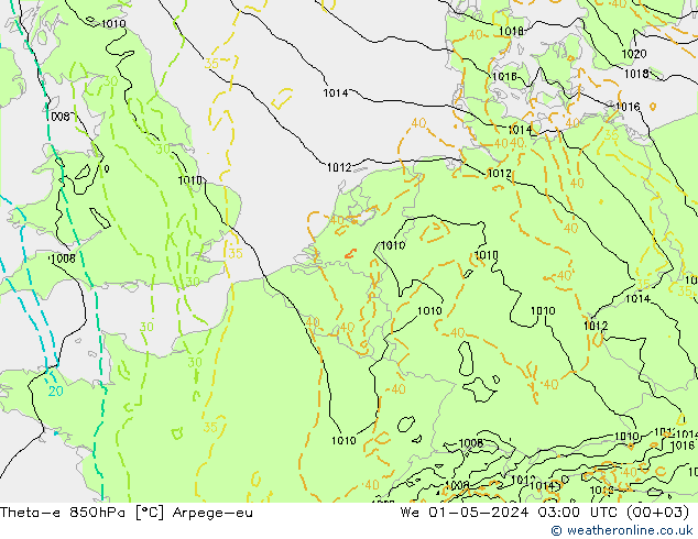 Theta-e 850hPa Arpege-eu Mi 01.05.2024 03 UTC