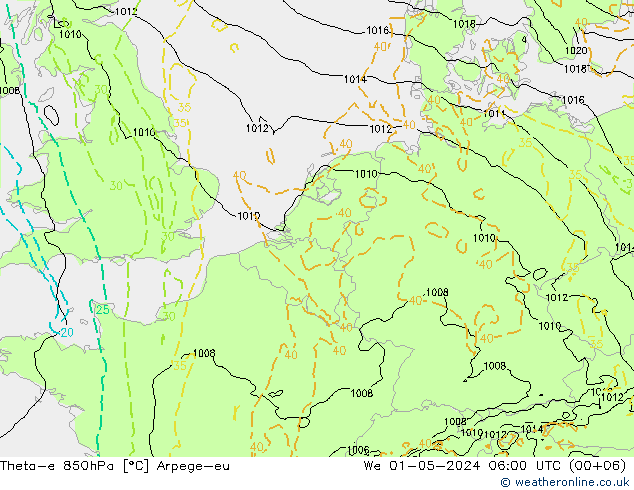 Theta-e 850hPa Arpege-eu We 01.05.2024 06 UTC