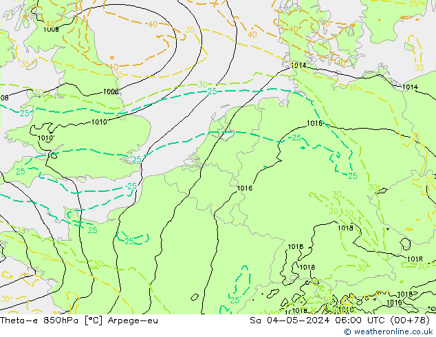 Theta-e 850hPa Arpege-eu Sa 04.05.2024 06 UTC