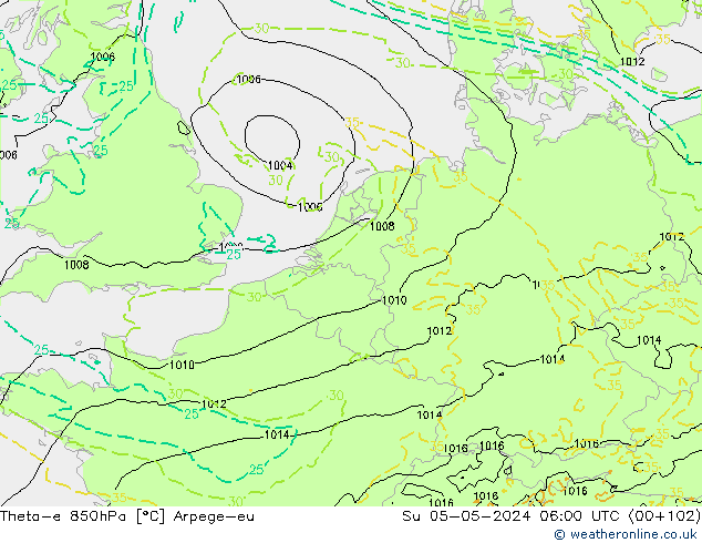 Theta-e 850hPa Arpege-eu zo 05.05.2024 06 UTC
