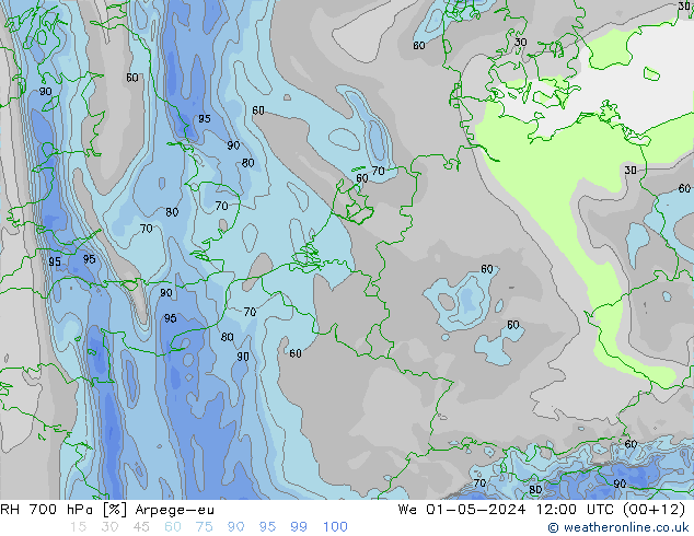 Humidité rel. 700 hPa Arpege-eu mer 01.05.2024 12 UTC