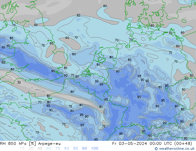 RH 850 hPa Arpege-eu Sex 03.05.2024 00 UTC