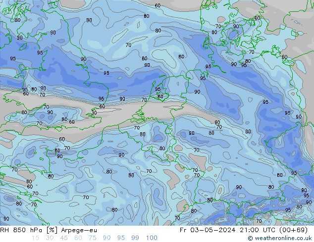 RH 850 гПа Arpege-eu пт 03.05.2024 21 UTC