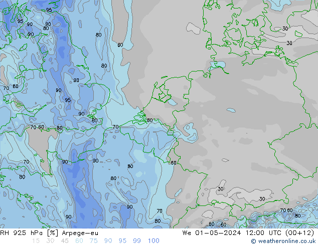 RH 925 hPa Arpege-eu We 01.05.2024 12 UTC