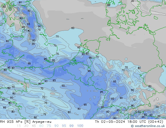 RH 925 hPa Arpege-eu Qui 02.05.2024 18 UTC