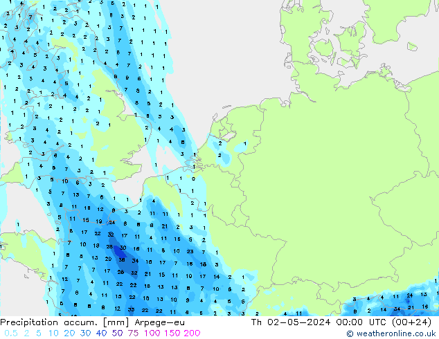 Precipitation accum. Arpege-eu czw. 02.05.2024 00 UTC